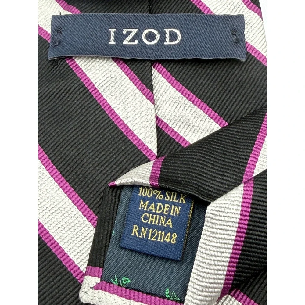 IZOD 100% Repp Silk Necktie Mens Black White Pink Diagonal Stripe 59
